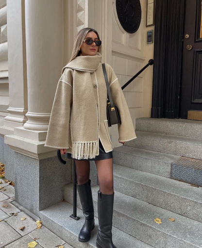 🧣Naisten tweed-takki ja tupsuhuivi