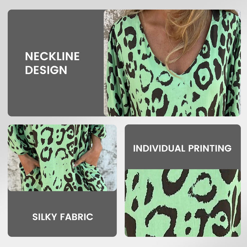 V-kaula-aukkoinen, kuvioitu, väljä mekko taskuilla