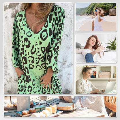 V-kaula-aukkoinen, kuvioitu, väljä mekko taskuilla