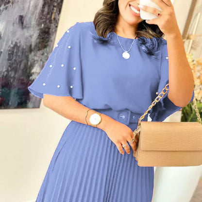 Tyylikäs Pyöreä Kaula-aukkoinen Pleatattu Mekko Vyöllä