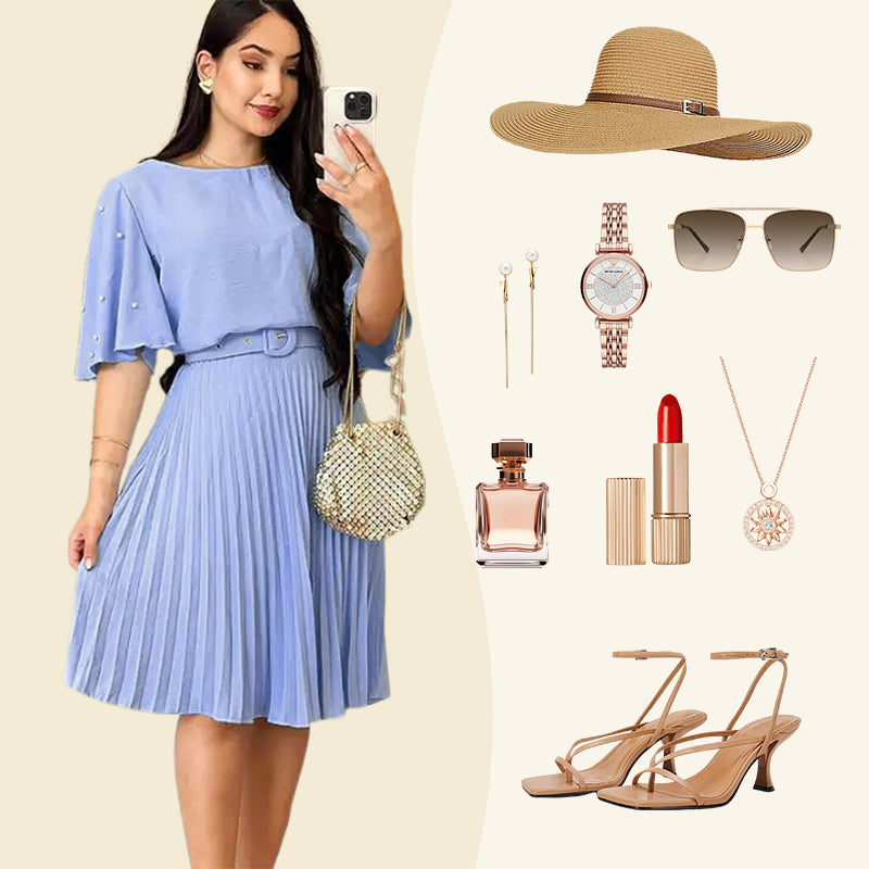 Tyylikäs Pyöreä Kaula-aukkoinen Pleatattu Mekko Vyöllä