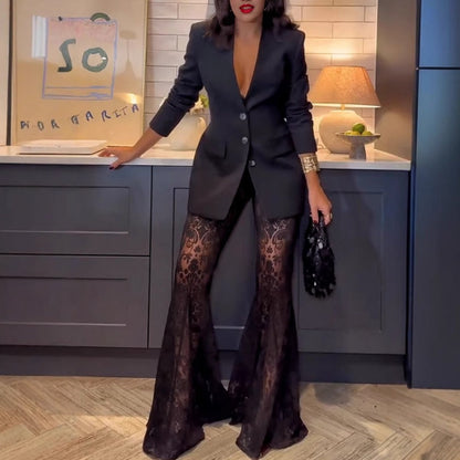 💖Rajoitettu aikatarjous 50% ALENNUS💖 Tyylikäs bleiseri & läpinäkyvät liehuhousut 2-osainen setti