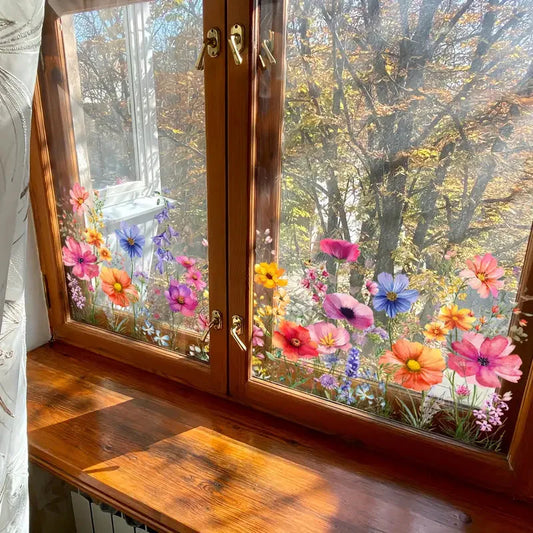 💐Kuuma myynti 50 % alennus💞Värikäs kukkakimppu ikkunatarra -ikkunatarra 🖼️(leikattavissa vapaasti kokoon)