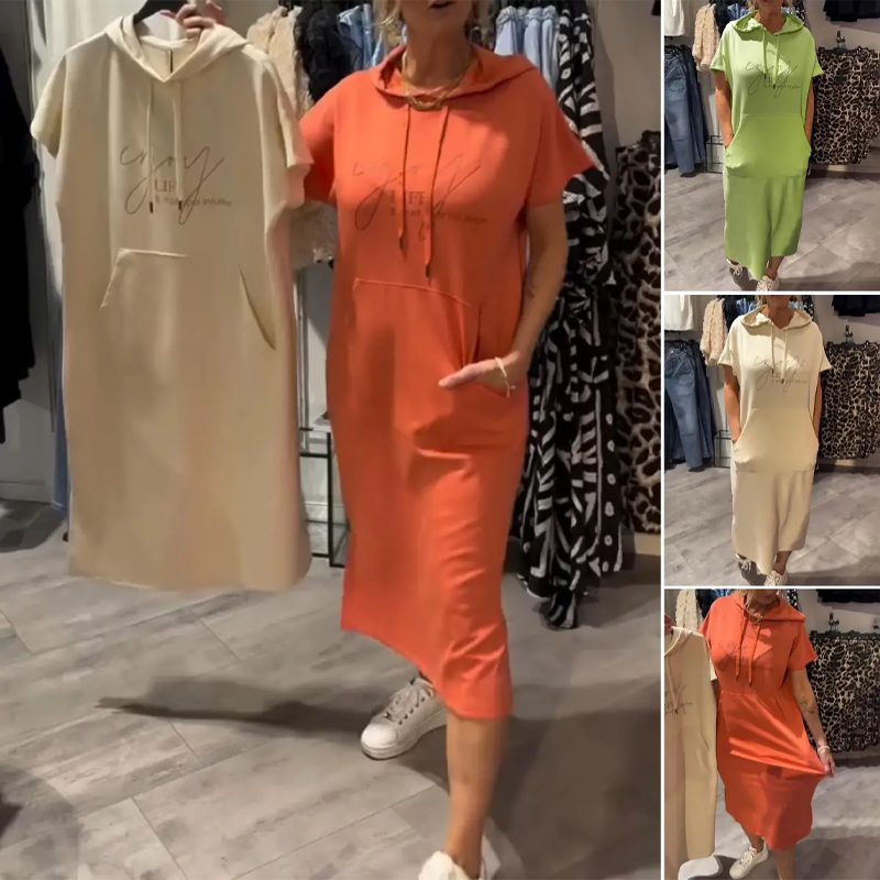 🔥Tehtaan myynti suoraan🔥Naisten yksivärinen huppu pitkä mekko lyhyillä hihoilla