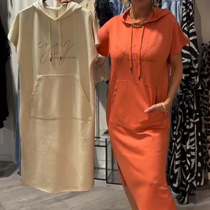 🔥Tehtaan myynti suoraan🔥Naisten yksivärinen huppu pitkä mekko lyhyillä hihoilla