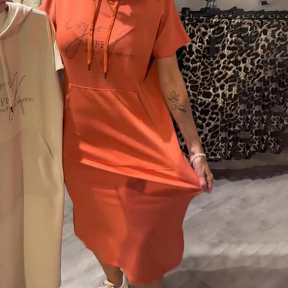 🔥Tehtaan myynti suoraan🔥Naisten yksivärinen huppu pitkä mekko lyhyillä hihoilla