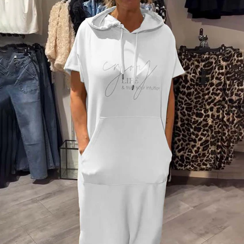 🔥Tehtaan myynti suoraan🔥Naisten yksivärinen huppu pitkä mekko lyhyillä hihoilla