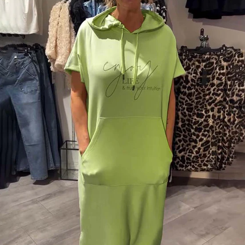 🔥Tehtaan myynti suoraan🔥Naisten yksivärinen huppu pitkä mekko lyhyillä hihoilla