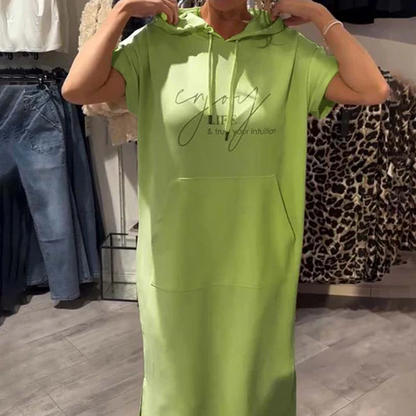 🔥Tehtaan myynti suoraan🔥Naisten yksivärinen huppu pitkä mekko lyhyillä hihoilla