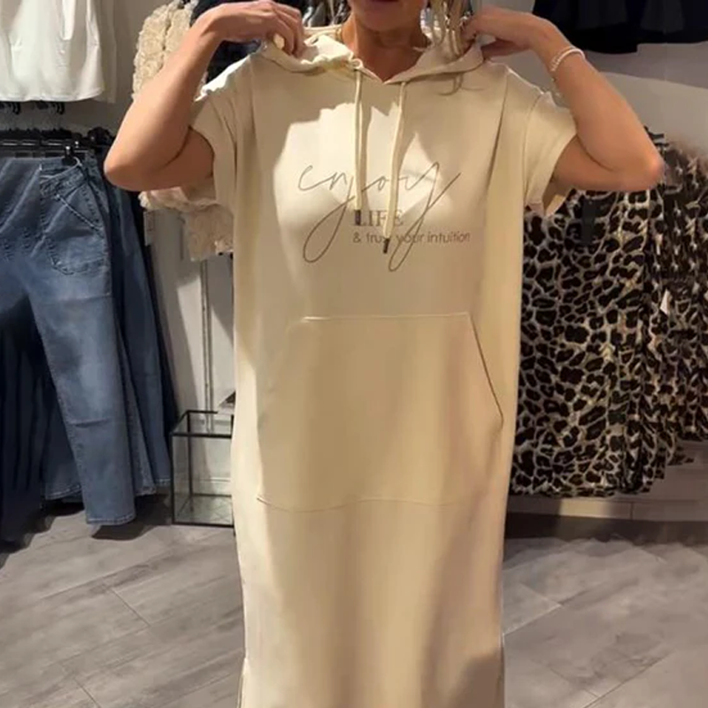 🔥Tehtaan myynti suoraan🔥Naisten yksivärinen huppu pitkä mekko lyhyillä hihoilla