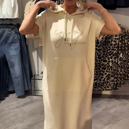 🔥Tehtaan myynti suoraan🔥Naisten yksivärinen huppu pitkä mekko lyhyillä hihoilla