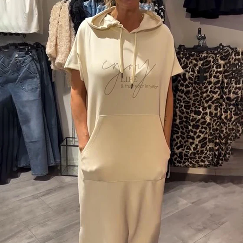 🔥Tehtaan myynti suoraan🔥Naisten yksivärinen huppu pitkä mekko lyhyillä hihoilla