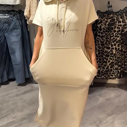 🔥Tehtaan myynti suoraan🔥Naisten yksivärinen huppu pitkä mekko lyhyillä hihoilla