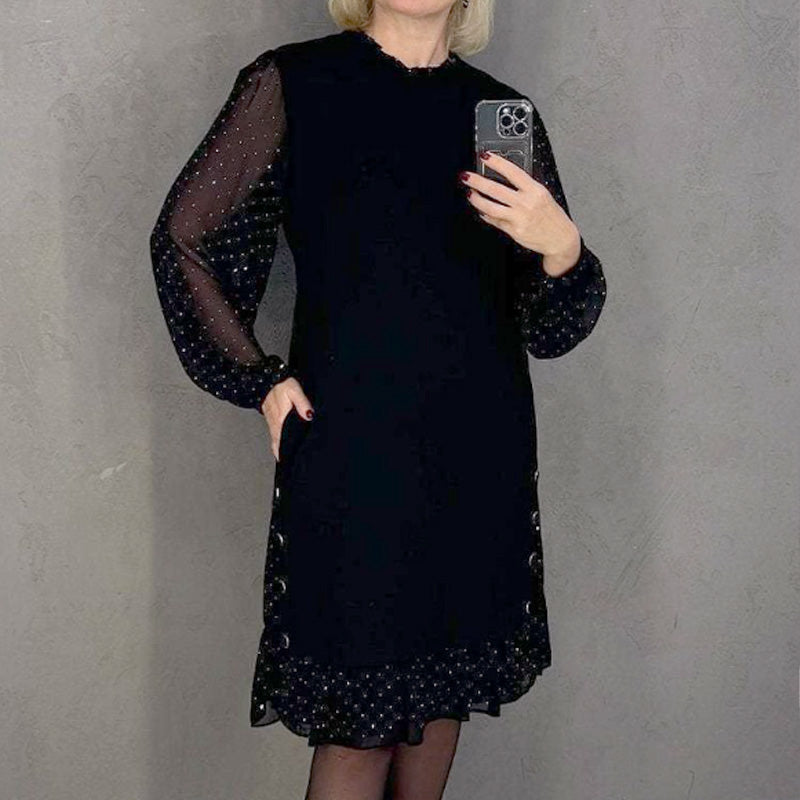 Naisten pyöreä kaula yksivärinen strassi mekko