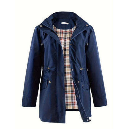 Pitkä hupullinen vyötäröä kiristävä vetoketjullinen tuulitakki