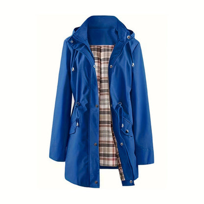 Pitkä hupullinen vyötäröä kiristävä vetoketjullinen tuulitakki