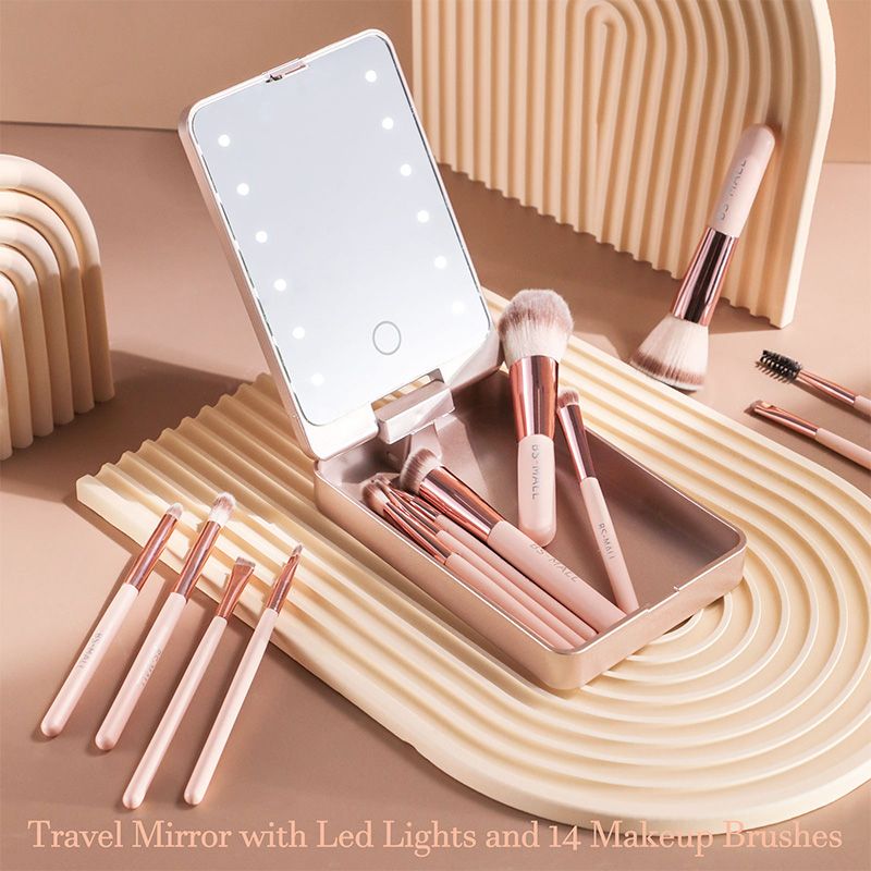 🔥 Big Sale 49% OFF🌈Travel Makeup Brush Set with LED Light Mirror