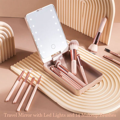 🔥 Big Sale 49% OFF🌈Travel Makeup Brush Set with LED Light Mirror