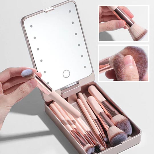 🔥 Big Sale 49% OFF🌈Travel Makeup Brush Set with LED Light Mirror