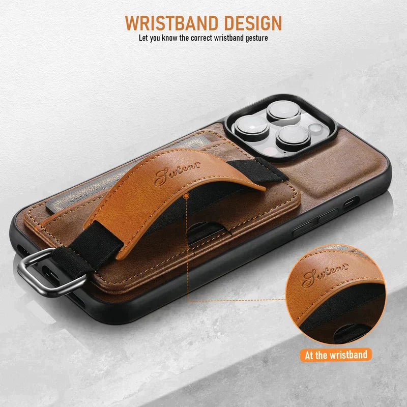 Ylellinen nahkainen jalusta iPhone-kotelo, jossa korttipaikat ja ranneke