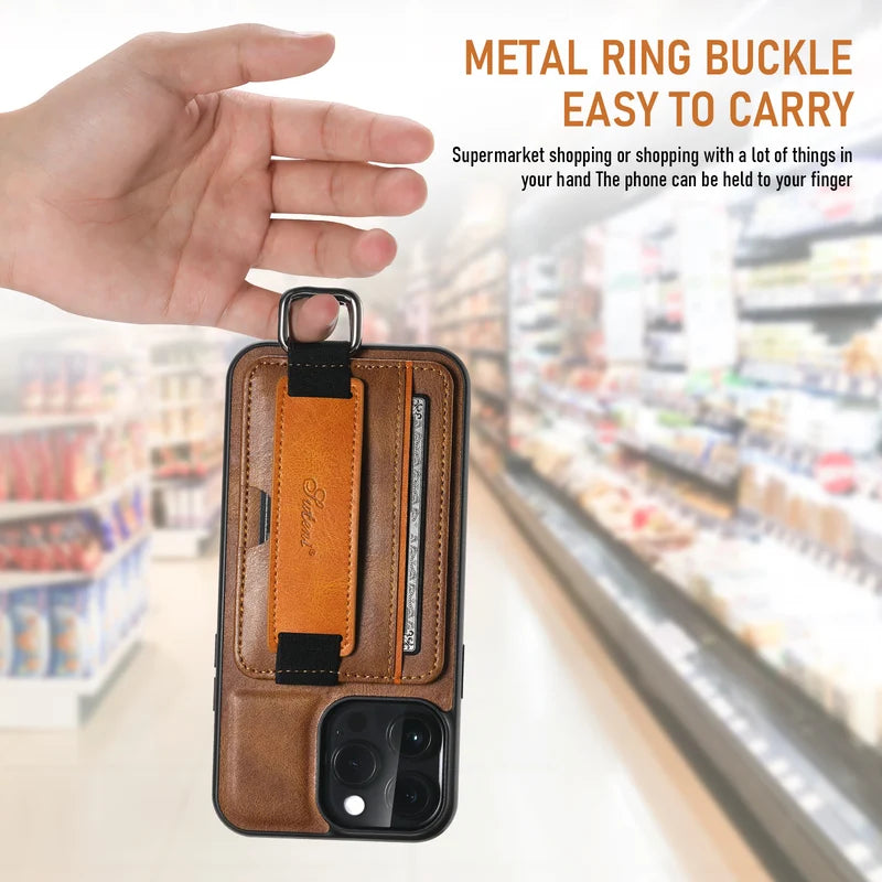 Ylellinen nahkainen jalusta iPhone-kotelo, jossa korttipaikat ja ranneke