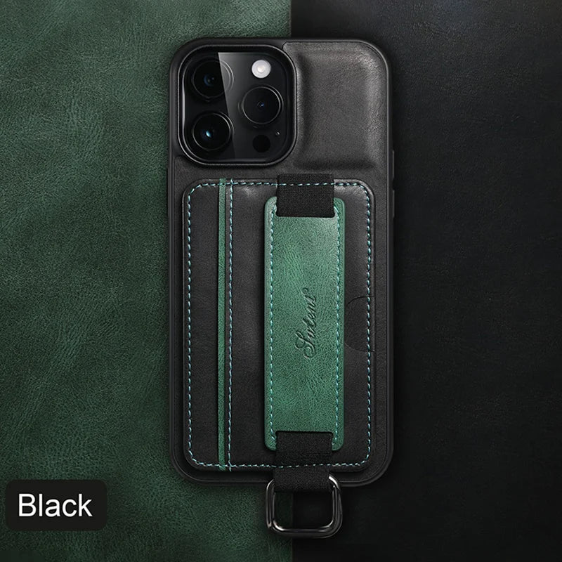 Ylellinen nahkainen jalusta iPhone-kotelo, jossa korttipaikat ja ranneke